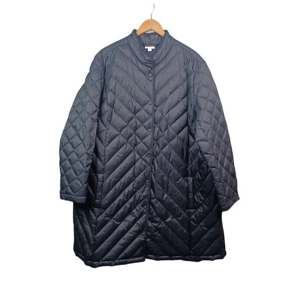 J. Jill Down Quilted Puffer Jacket Womens 3X Black Long Coat Lightweight Snap Up - Picture 1 of 11